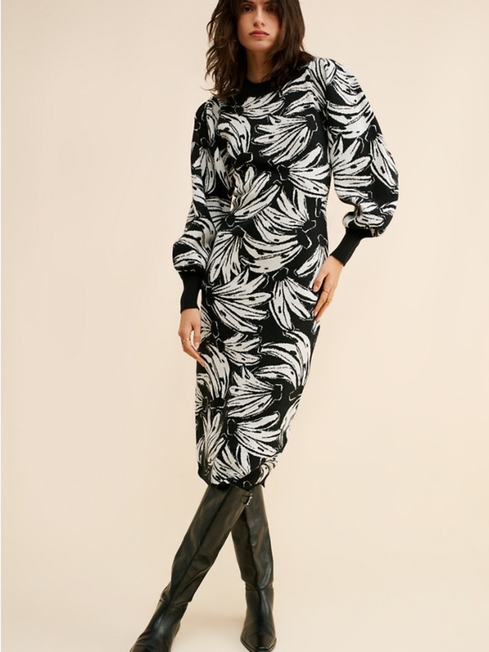 Black and White Floral Knit Midi Dress- Sz. S- EUC!! $230